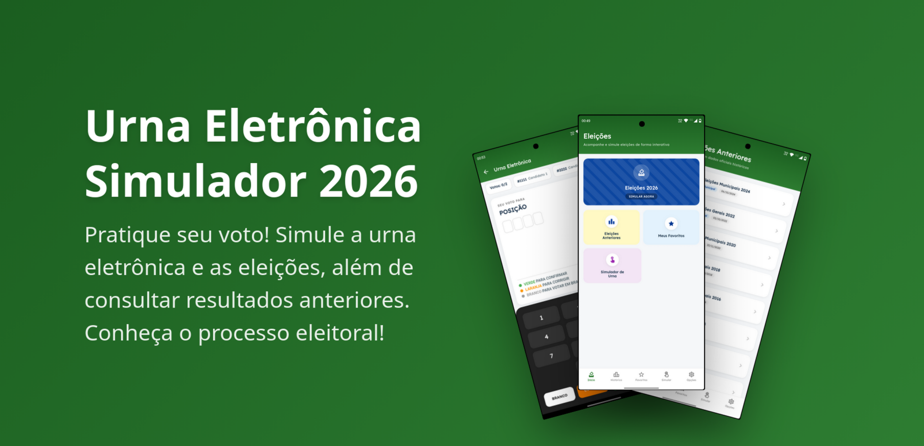 Screenshots do Urna Eletrônica Simulador 2026 mostrando a urna eletrônica, tela de eleições e resultados